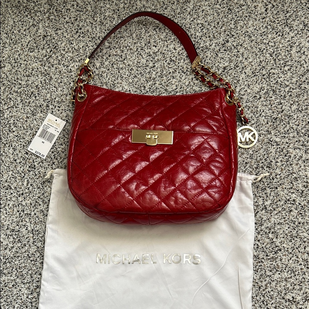Michael Kors Susannah Lock Dark Red Quilted Medium Shoulder Bag